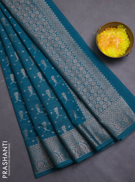 Banarasi semi chiniya saree teal green shade with allover thread & zari weaves and woven border