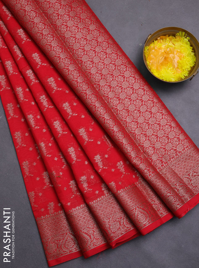 Banarasi semi chiniya saree red with allover thread & zari weaves and woven border