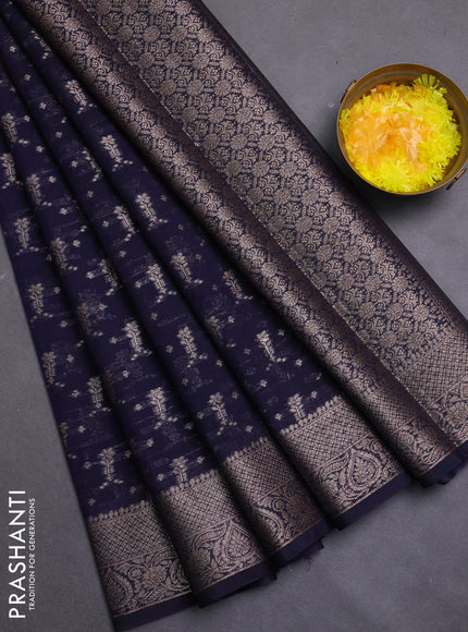 Banarasi semi chiniya saree navy blue with allover thread & zari weaves and woven border