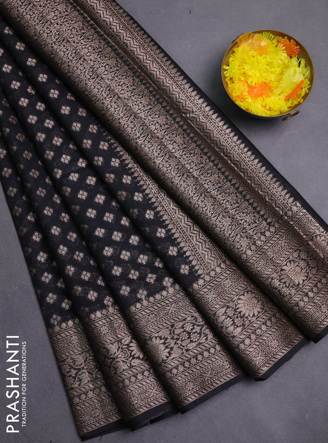 Banarasi semi chiniya saree black with allover thread & zari woven buttas and woven border