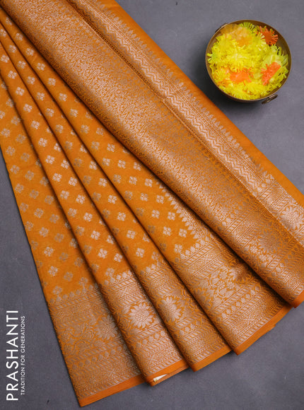 Banarasi semi chiniya saree mustard yellow with allover thread & zari woven buttas and woven border