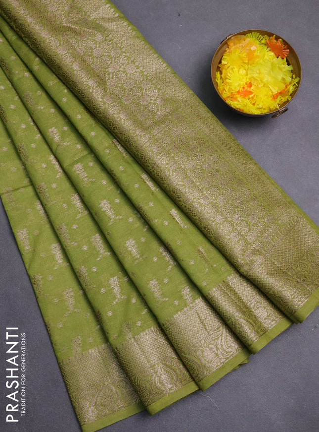 Banarasi semi chiniya saree light green with allover thread & zari woven buttas and woven border