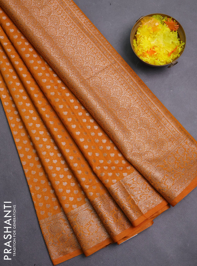 Banarasi semi chiniya saree dark mustard with allover thread & zari woven buttas and woven border