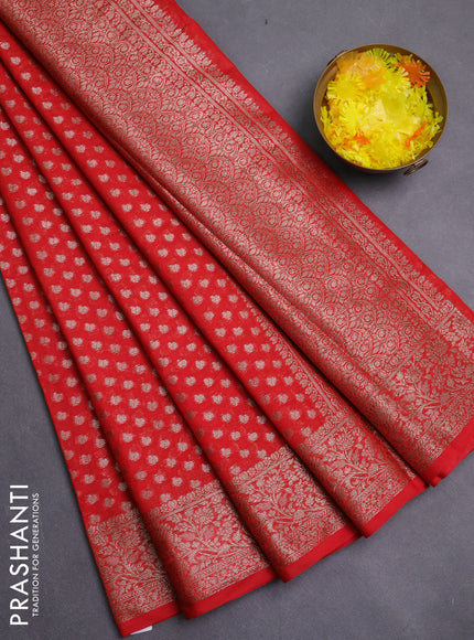 Banarasi semi chiniya saree red with allover thread & zari woven buttas and woven border