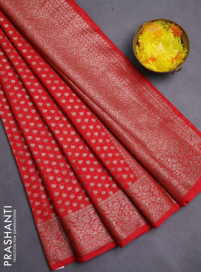 Banarasi semi chiniya saree red with allover thread & zari woven buttas and woven border