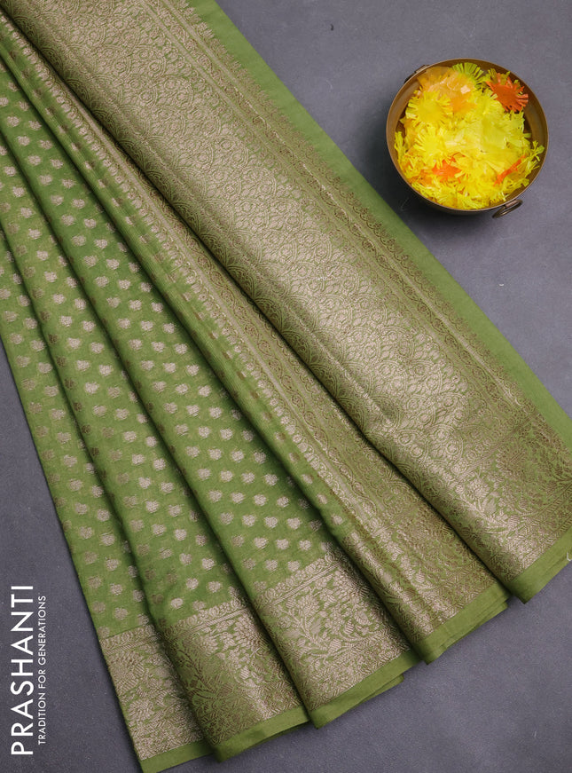 Banarasi semi chiniya saree light green with allover thread & zari woven buttas and woven border