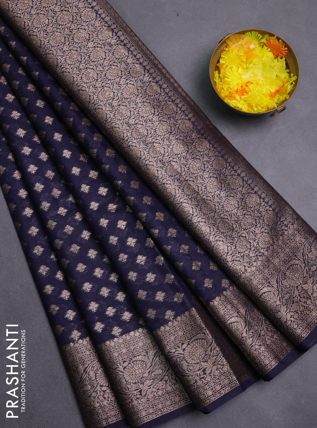 Banarasi semi chiniya saree navy blue with allover thread & zari woven buttas and woven border
