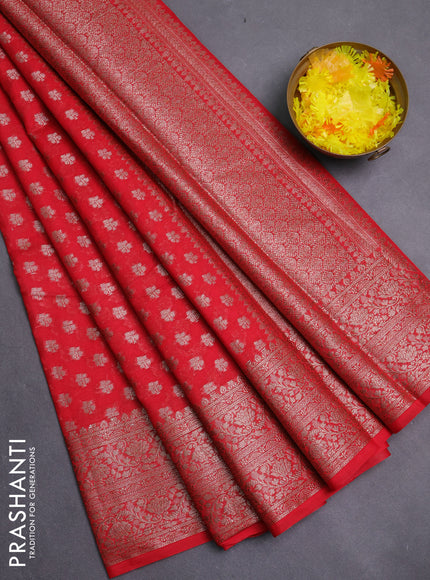 Banarasi semi chiniya saree red with allover thread & zari weaves and woven border