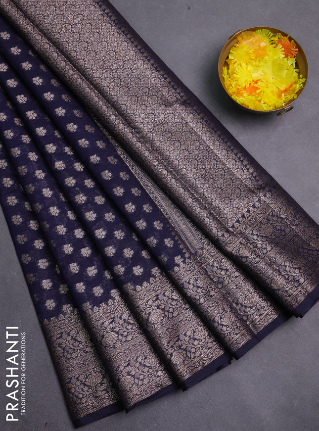Banarasi semi chiniya saree navy blue with allover thread & zari weaves and woven border