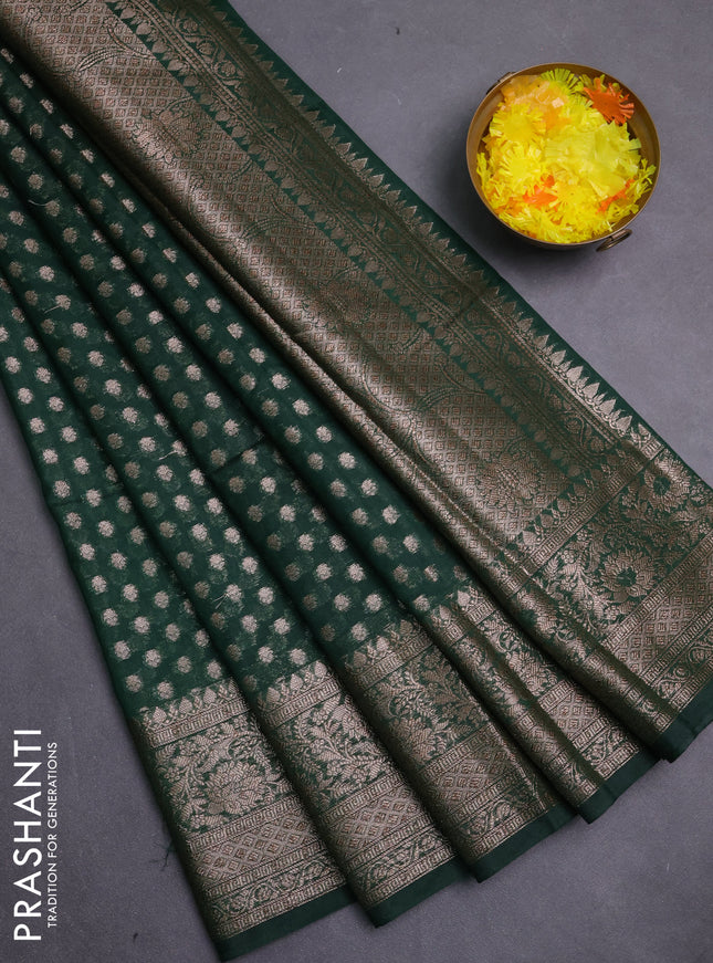 Banarasi semi chiniya saree green with allover thread & zari woven buttas and woven border