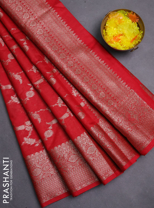 Banarasi semi chiniya saree red with allover thread & zari weaves and woven border