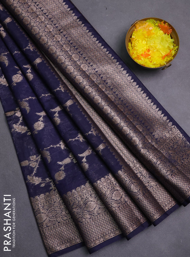 Banarasi semi chiniya saree navy blue with allover thread & zari weaves and woven border