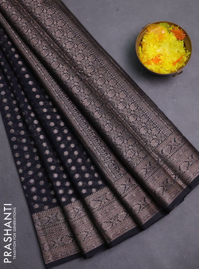 Banarasi semi chiniya saree black with allover thread & zari woven buttas and woven border