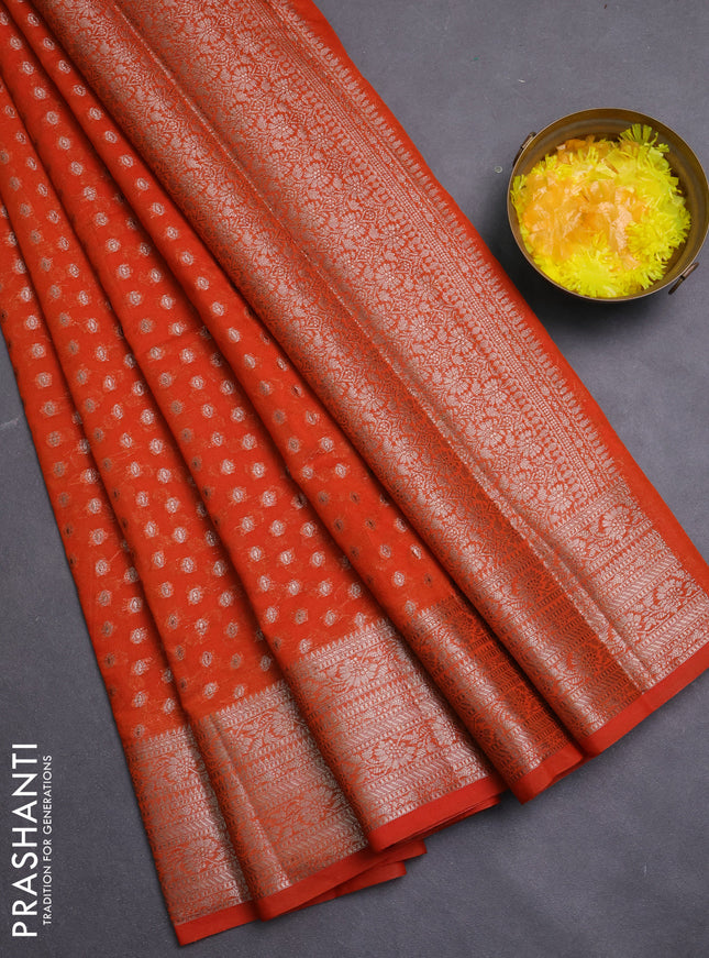 Banarasi semi chiniya saree orange with allover thread & zari woven buttas and woven border