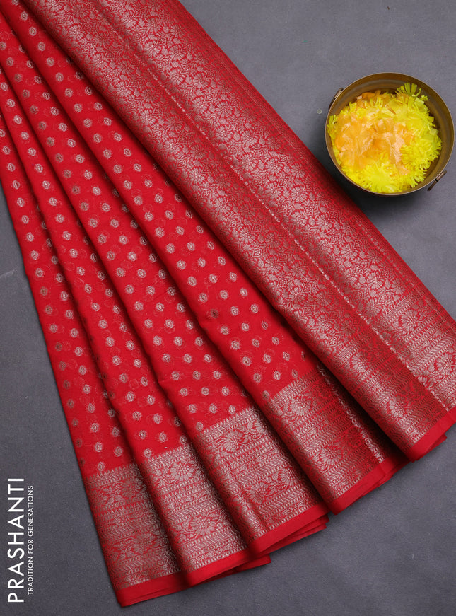 Banarasi semi chiniya saree red with allover thread & zari woven buttas and woven border