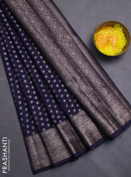 Banarasi semi chiniya saree navy blue with allover thread & zari woven buttas and woven border