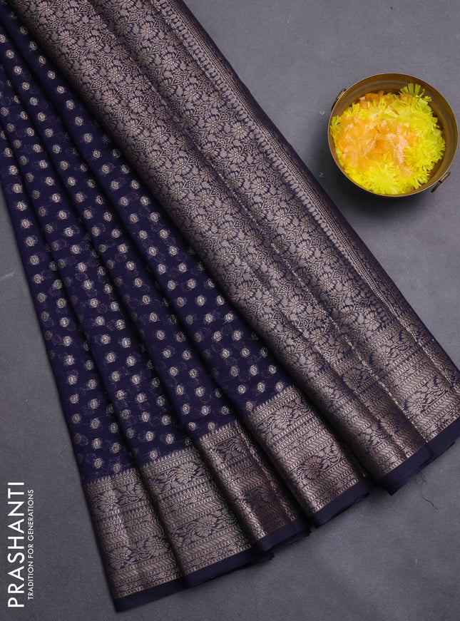 Banarasi semi chiniya saree navy blue with allover thread & zari woven buttas and woven border