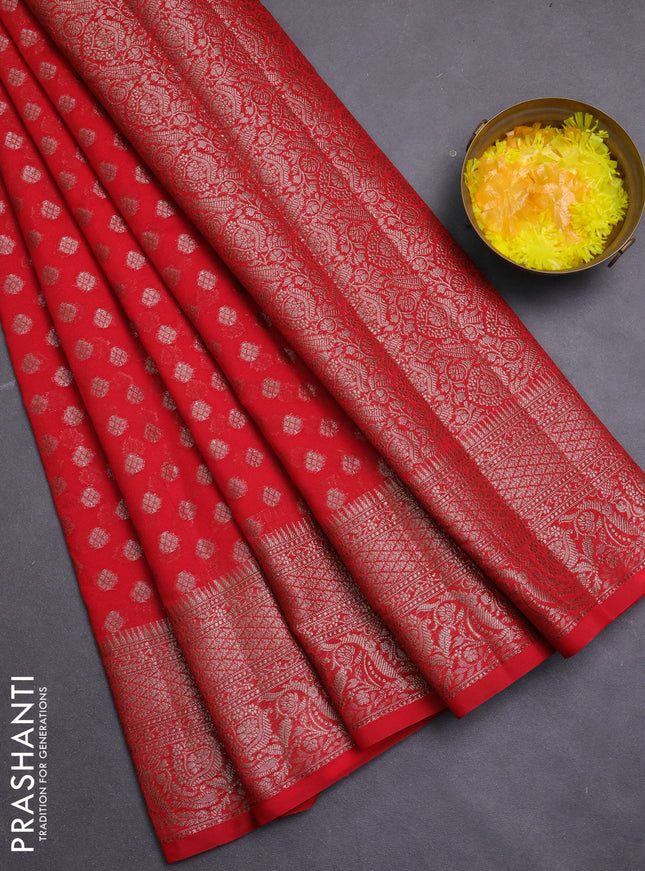Banarasi semi chiniya saree red with allover thread & zari woven buttas and woven border