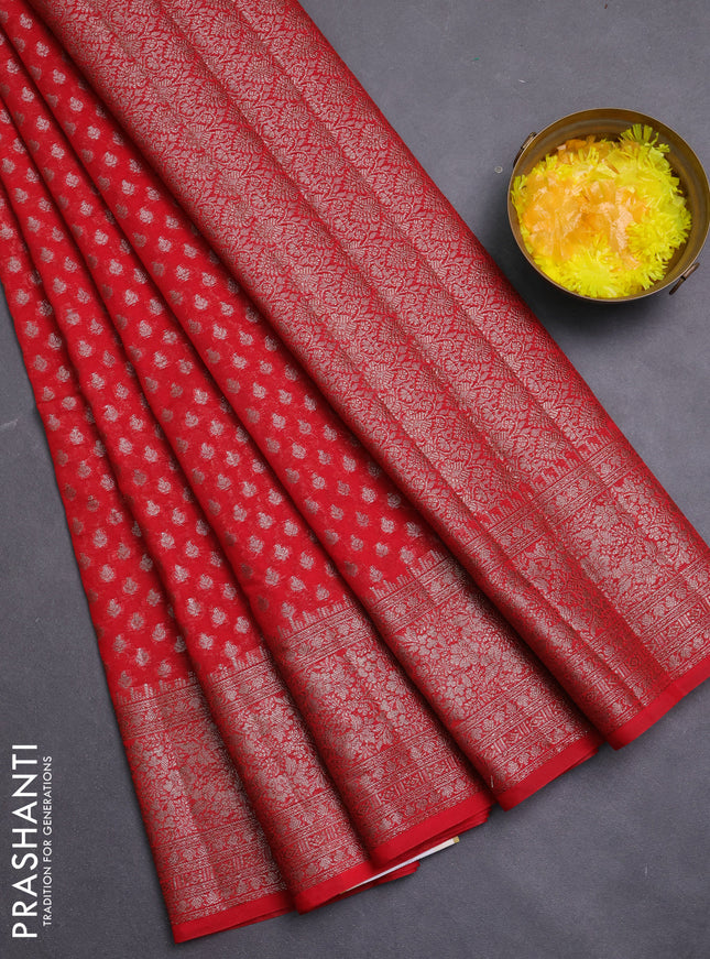 Banarasi semi chiniya saree red with allover thread & zari woven buttas and woven border