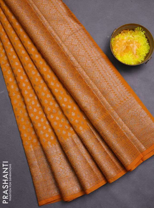 Banarasi semi chiniya saree mustard yellow with allover thread & zari woven buttas and woven border