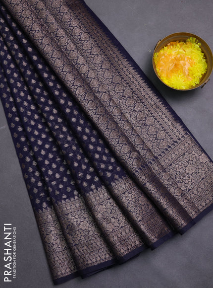 Banarasi semi chiniya saree navy blue with allover thread & zari woven buttas and woven border