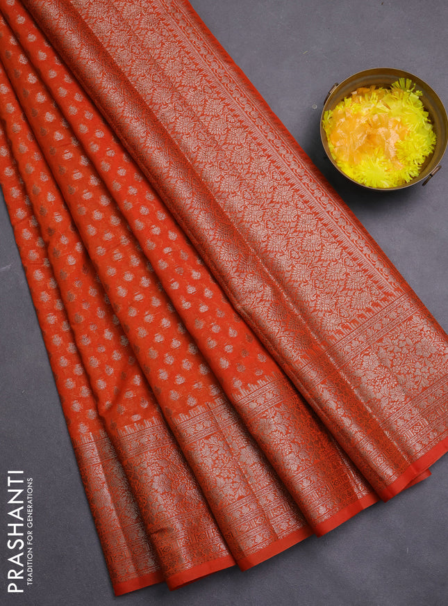 Banarasi semi chiniya saree orange with allover thread & zari woven buttas and woven border