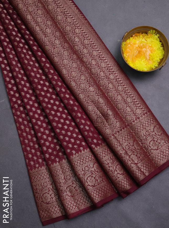 Banarasi semi chiniya saree wine shade with allover thread & zari woven paisley buttas and woven border