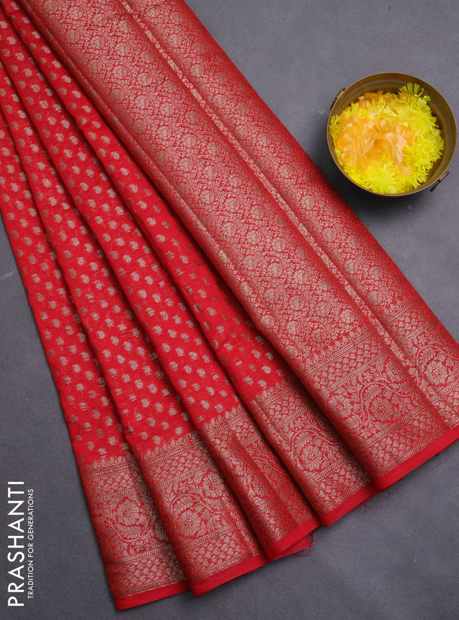 Banarasi semi chiniya saree red with allover thread & zari woven paisley buttas and woven border