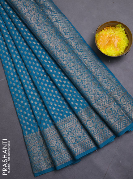 Banarasi semi chiniya saree teal blue with allover thread & zari woven paisley buttas and woven border