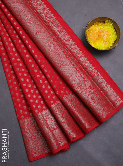 Banarasi semi chiniya saree red with allover thread & zari woven buttas and woven border