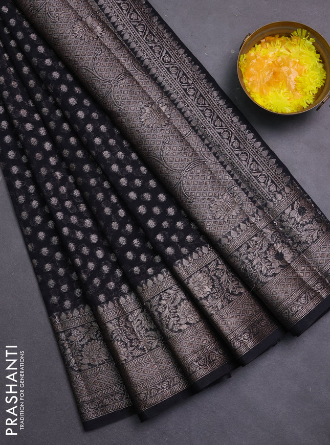Banarasi semi chiniya saree black with allover thread & zari woven buttas and woven border