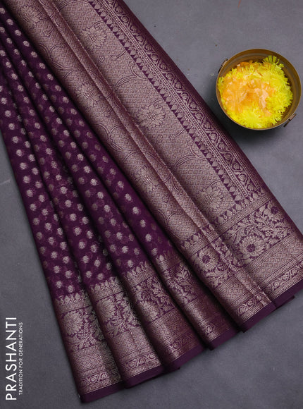 Banarasi semi chiniya saree deep purple with allover thread & zari woven buttas and woven border