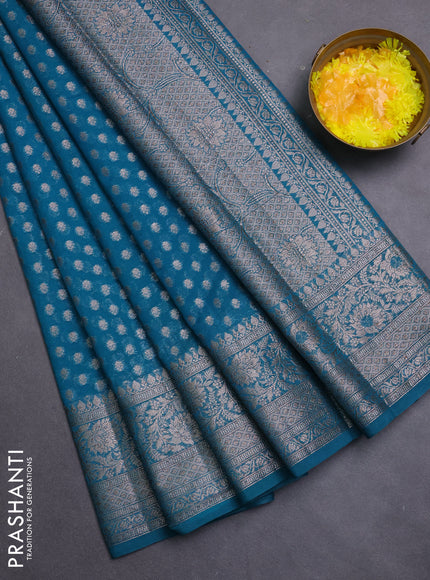 Banarasi semi chiniya saree teal green shade with allover thread & zari woven buttas and woven border
