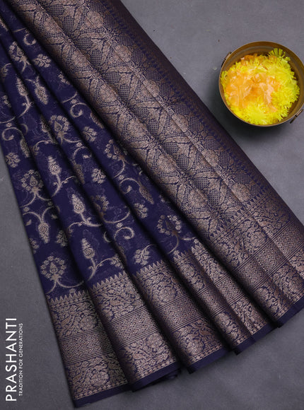 Banarasi semi chiniya saree navy blue with allover thread & zari weaves and woven border