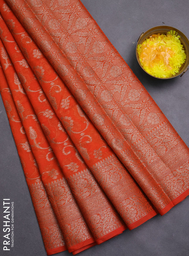 Banarasi semi chiniya saree orange with allover thread & zari weaves and woven border