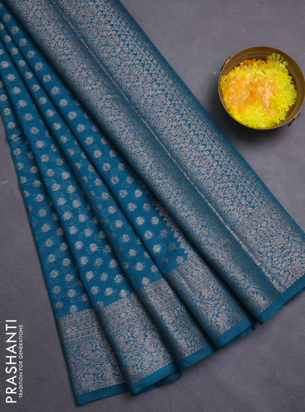 Banarasi semi chiniya saree teal green shade with allover thread & zari woven buttas and woven border