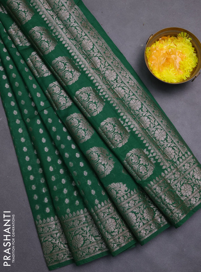 Banarasi semi chiniya saree green with allover thread & zari woven buttas and woven border