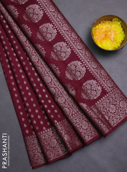 Banarasi semi chiniya saree wine shade with allover thread & zari woven buttas and woven border