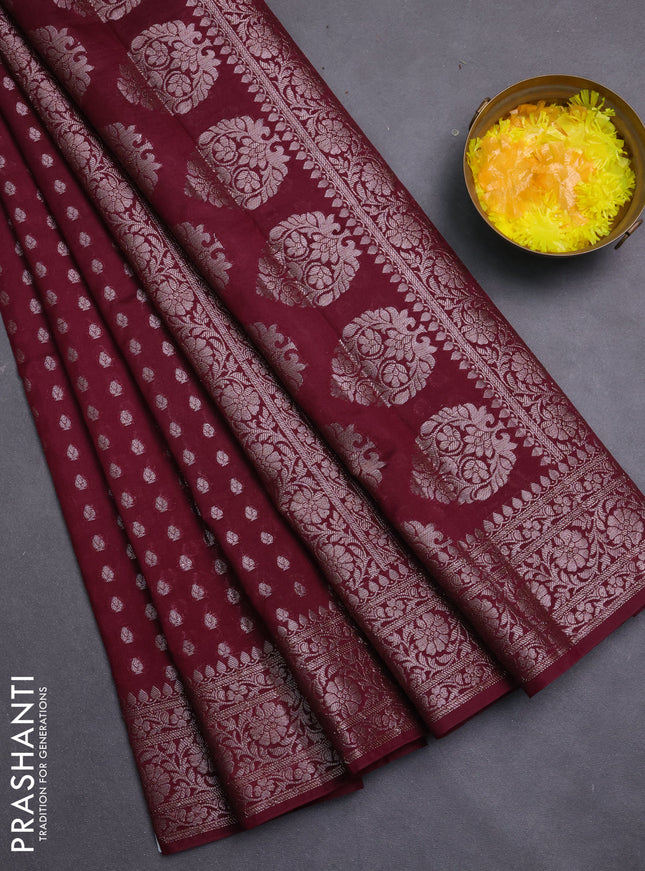 Banarasi semi chiniya saree wine shade with allover thread & zari woven buttas and woven border