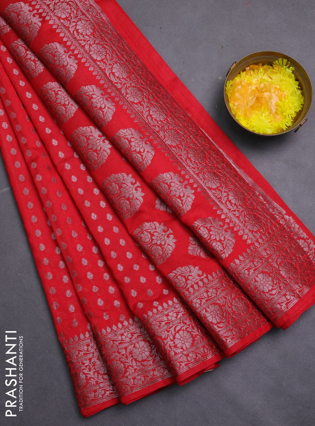 Banarasi semi chiniya saree red with allover thread & zari woven buttas and woven border