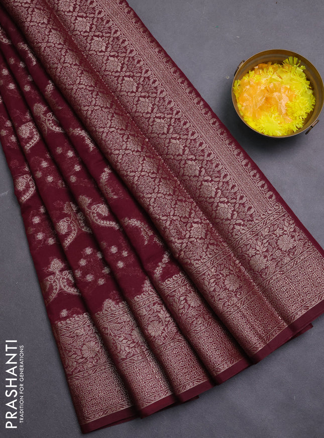 Banarasi semi chiniya saree wine shade with allover thread & zari weaves and woven border