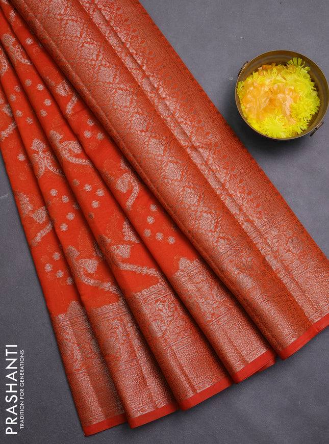 Banarasi semi chiniya saree orange with allover thread & zari weaves and woven border