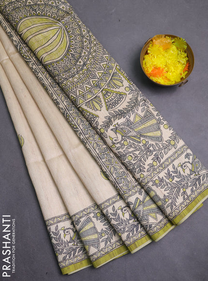 Semi tussar saree lime green and cream with butta prints and madhubani printed pallu & border
