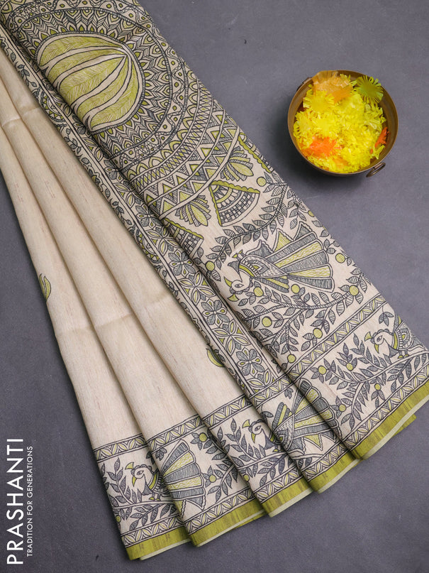 Semi tussar saree lime green and cream with butta prints and madhubani printed pallu & border