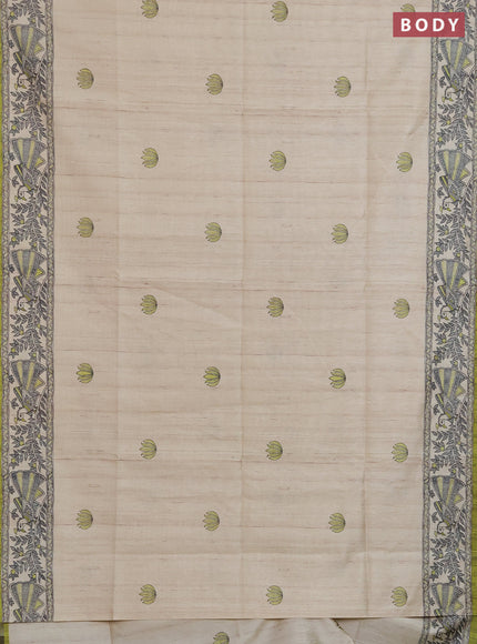 Semi tussar saree lime green and cream with butta prints and madhubani printed pallu & border