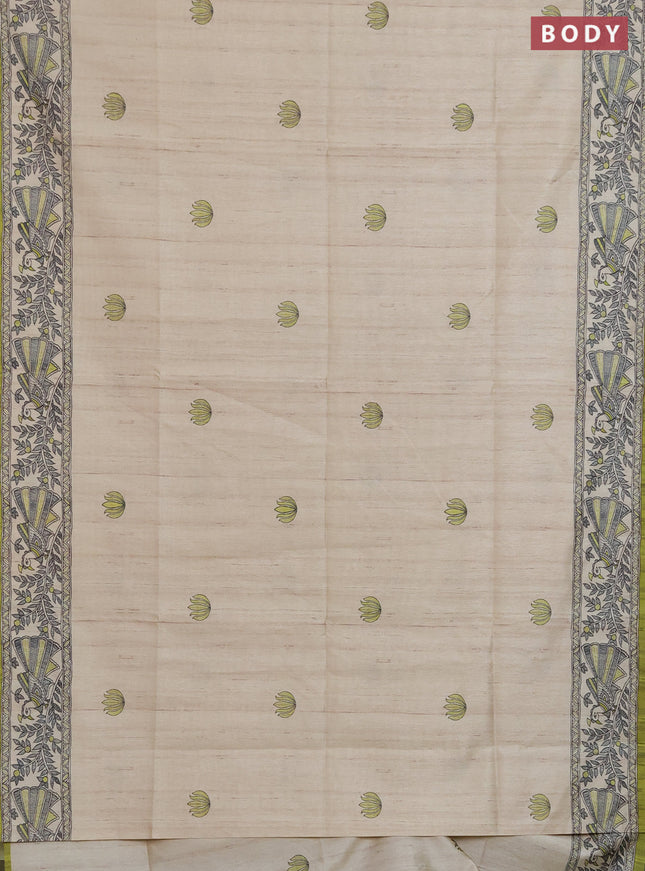 Semi tussar saree lime green and cream with butta prints and madhubani printed pallu & border