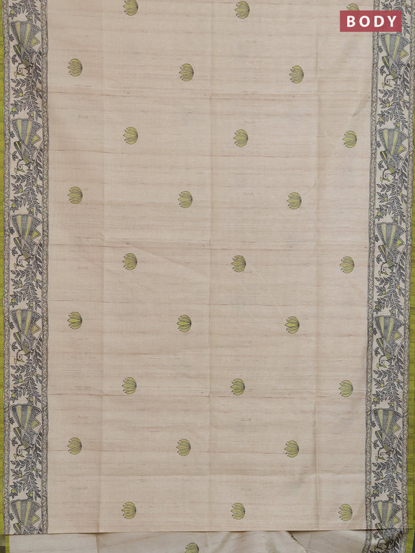 Semi tussar saree lime green and cream with butta prints and madhubani printed pallu & border