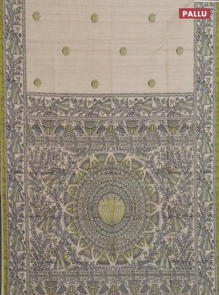 Semi tussar saree lime green and cream with butta prints and madhubani printed pallu & border