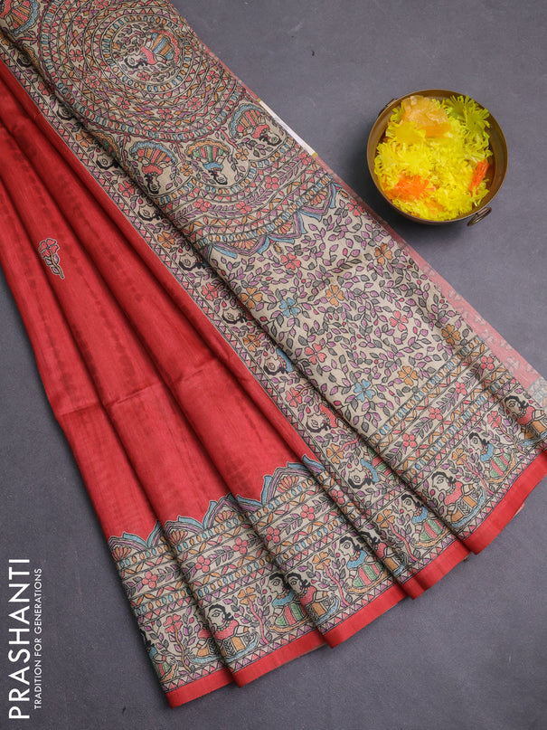 Semi tussar saree red and beige with butta prints and madhubani printed pallu & border