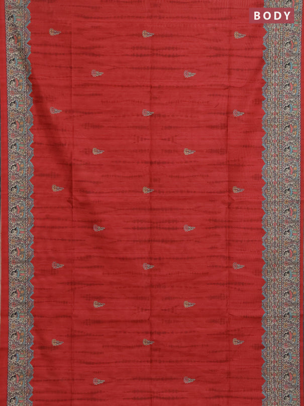 Semi tussar saree red and beige with butta prints and madhubani printed pallu & border